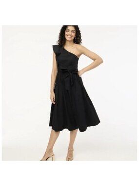 J. Crew Factory One Shoulder Ruffle Midi Dress Black Sz 8 PETITE
